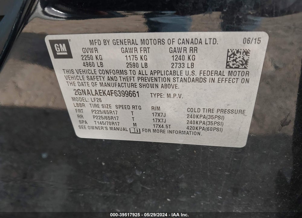 2015 CHEVROLET EQUINOX LS VIN: 2GNALAEK4F6399661