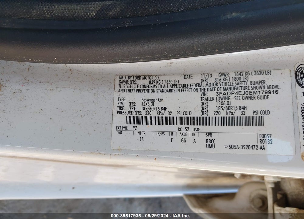 2014 FORD FIESTA SE VIN: 3FADP4EJ0EM179916