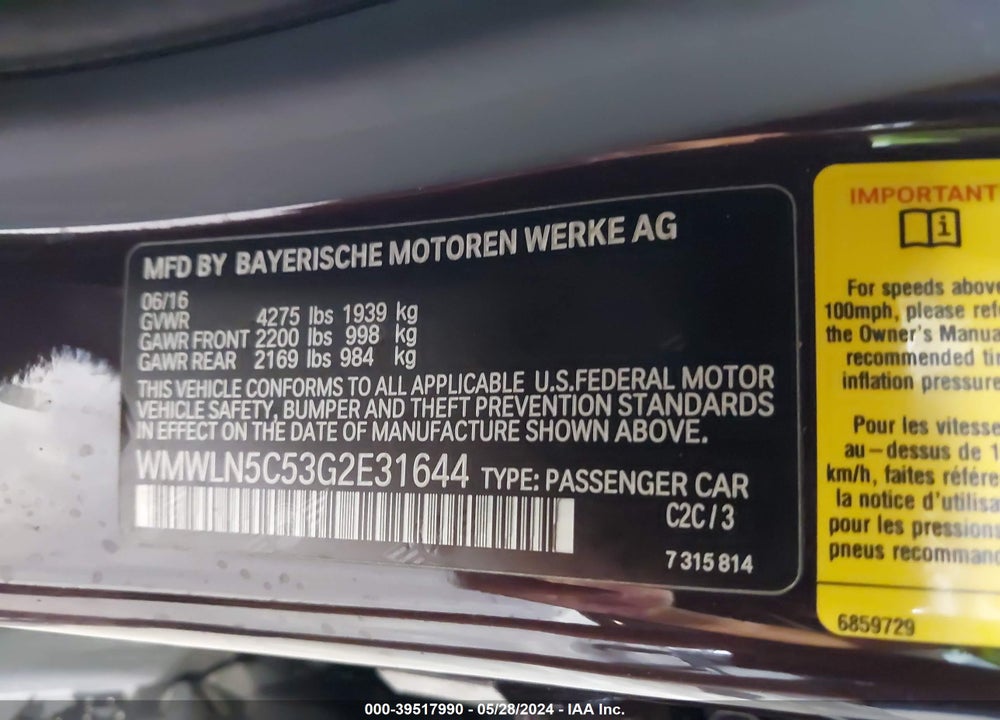 2016 MINI CLUBMAN COOPER VIN: WMWLN5C53G2E31644