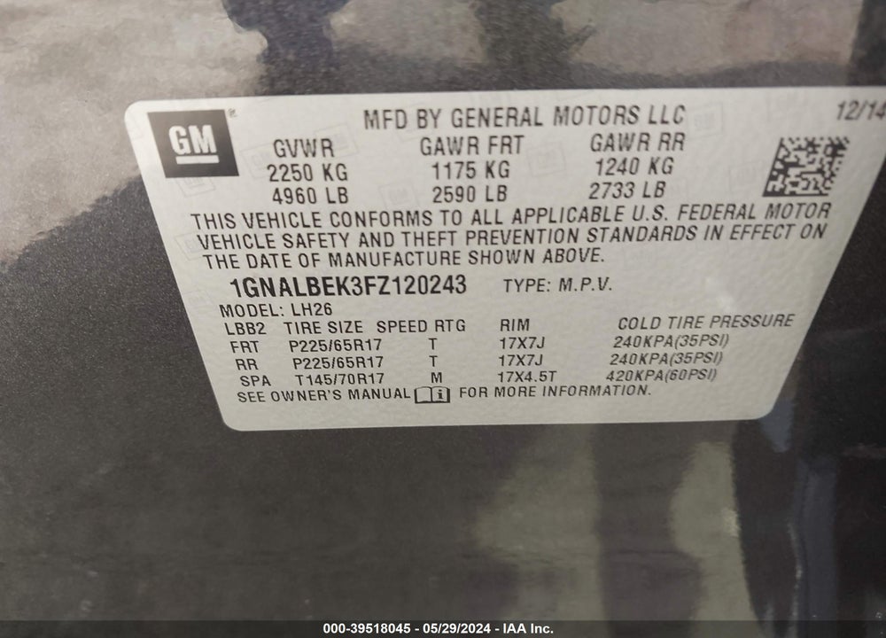 2015 CHEVROLET EQUINOX 1LT VIN: 1GNALBEK3FZ120243