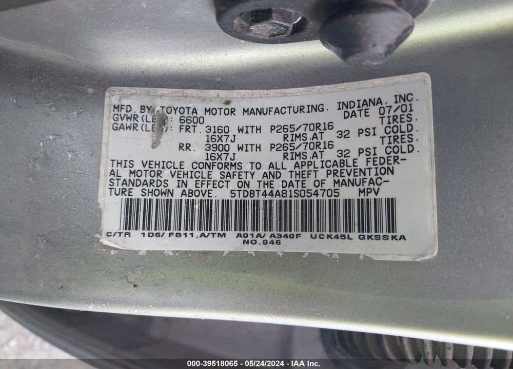 2001 TOYOTA SEQUOIA VIN: 5TDBT44A81S054705
