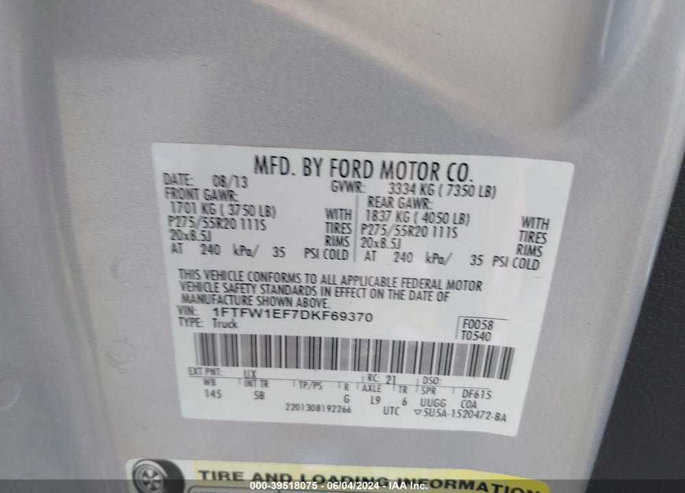 2013 FORD F-150 FX4 VIN: 1FTFW1EF7DKF69370