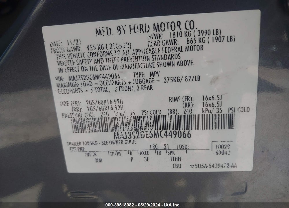 2021 FORD ECOSPORT SE VIN: MAJ3S2GE6MC449066