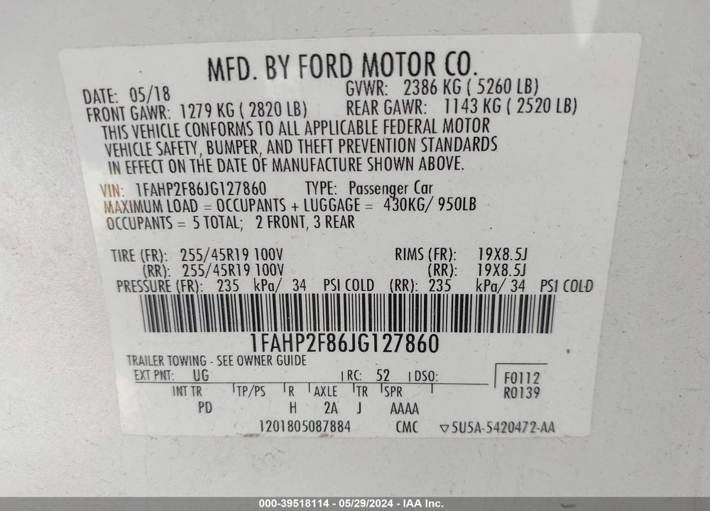 2018 FORD TAURUS LIMITED VIN: 1FAHP2F86JG127860