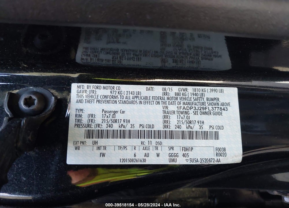 2015 FORD FOCUS TITANIUM VIN: 1FADP3J29FL377843
