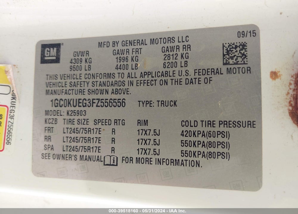 2015 CHEVROLET SILVERADO 2500HD WT VIN: 1GC0KUEG3FZ556556