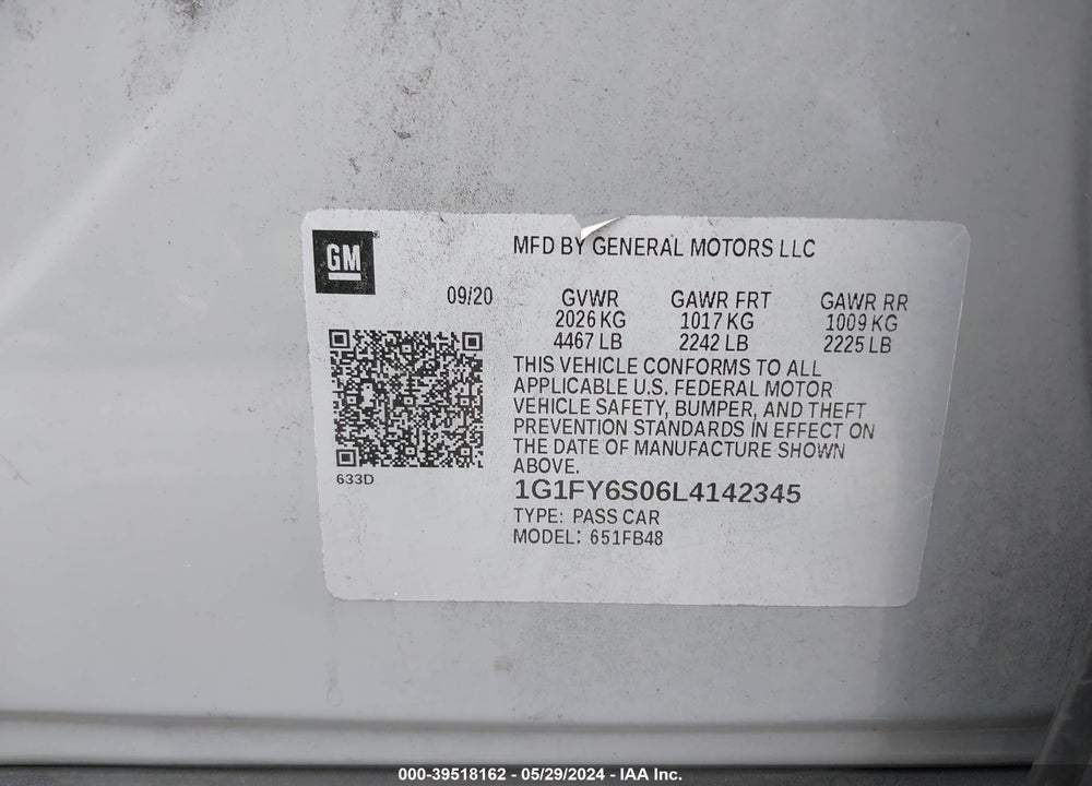 2020 CHEVROLET BOLT EV FWD LT VIN: 1G1FY6S06L4142345