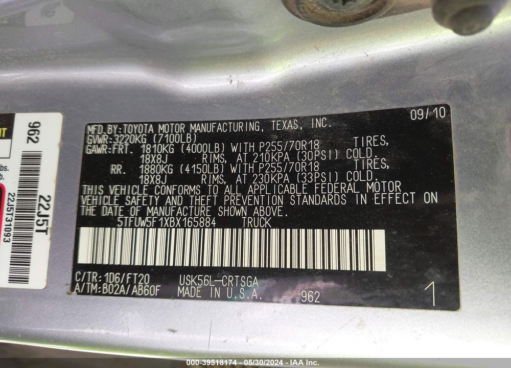 2011 TOYOTA TUNDRA GRADE 5.7L V8 VIN: 5TFUW5F1XBX165884