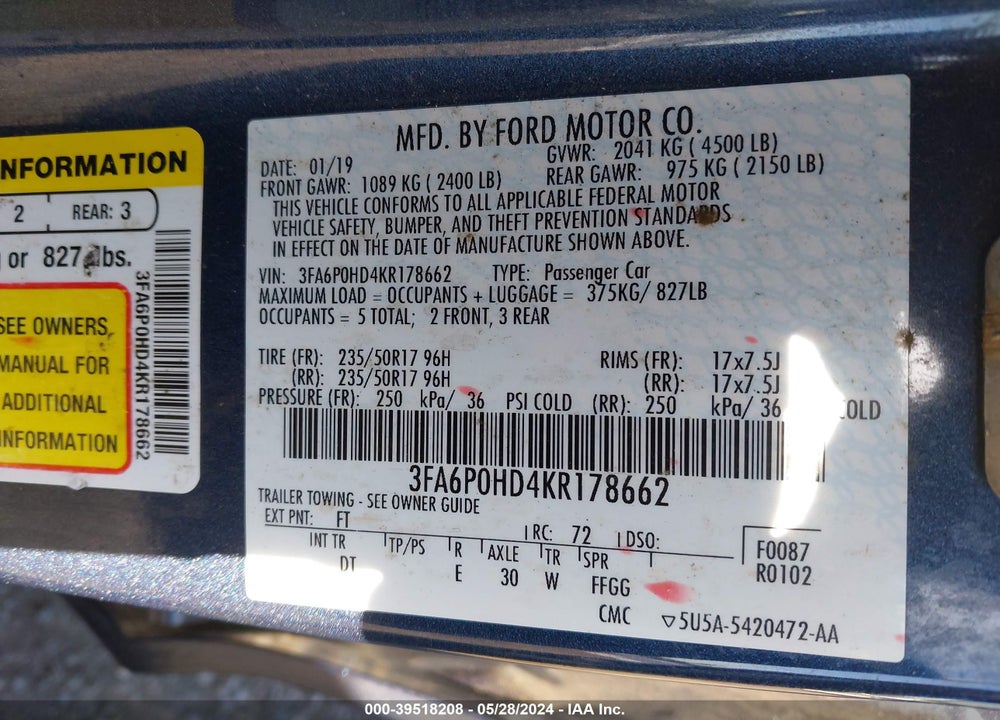 2019 FORD FUSION SE VIN: 3FA6P0HD4KR178662