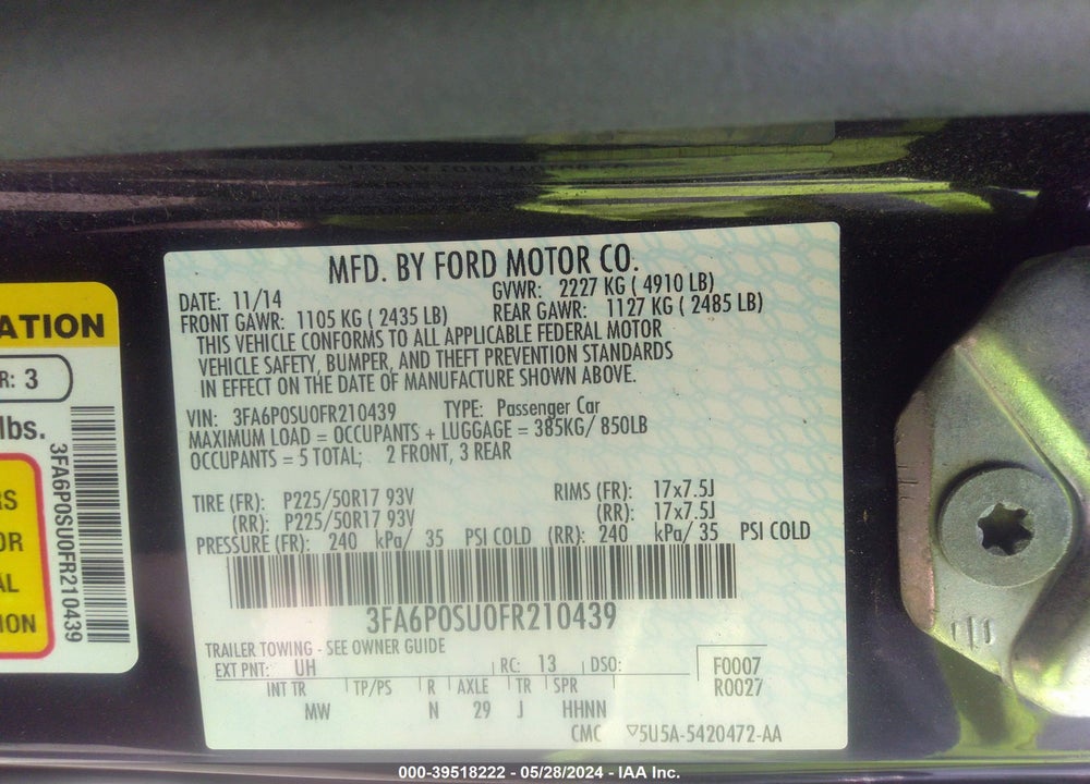 2015 FORD FUSION ENERGI TITANIUM VIN: 3FA6P0SU0FR210439