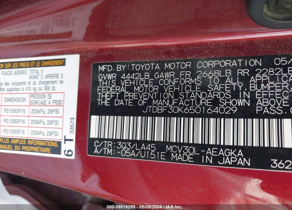 2005 TOYOTA CAMRY XLE V6 VIN: JTDBF30K650164029