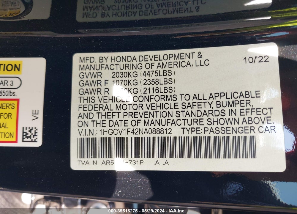 2022 HONDA ACCORD SPORT SPECIAL EDITION VIN: 1HGCV1F42NA088812