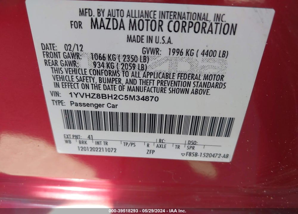 2012 MAZDA 6 I SPORT VIN: 1YVHZ8BH2C5M34870