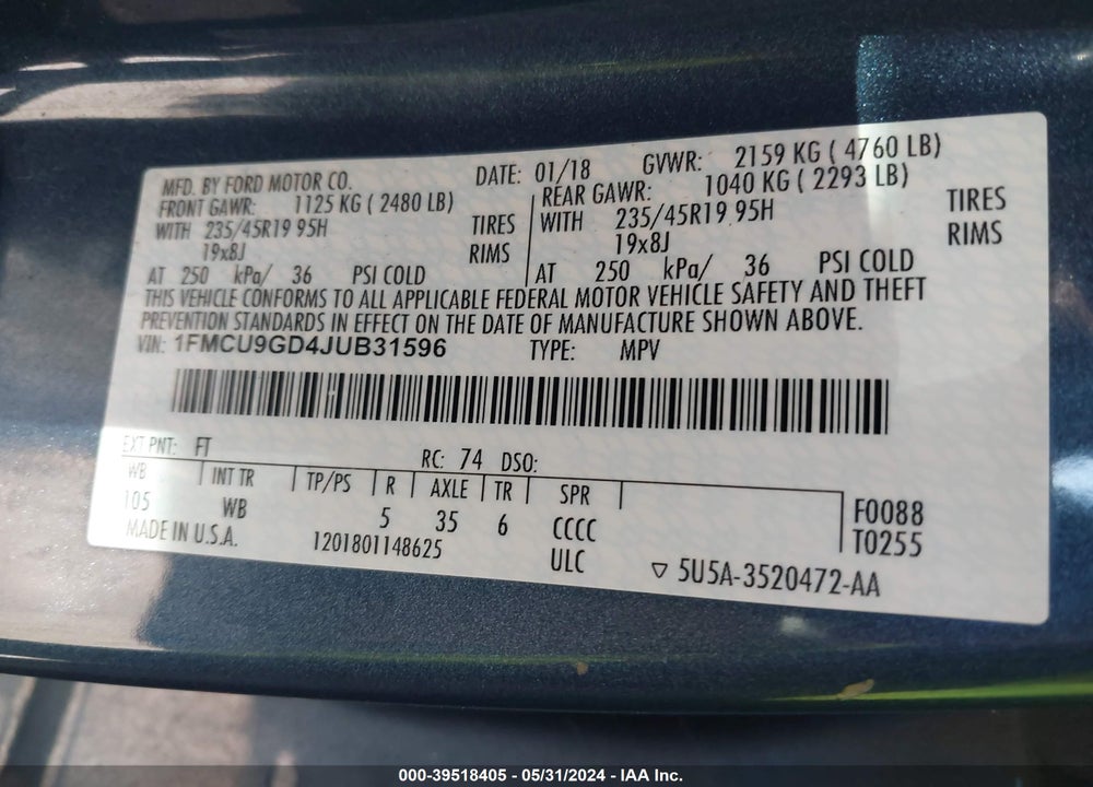 2018 FORD ESCAPE SE VIN: 1FMCU9GD4JUB31596
