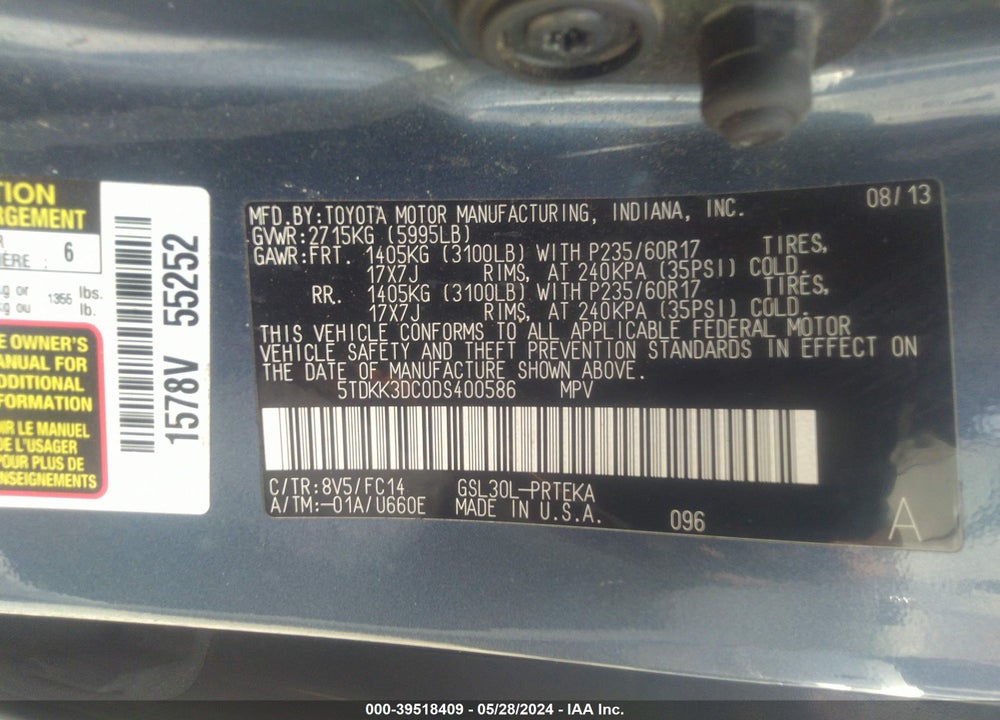 2013 TOYOTA SIENNA LE V6 8 PASSENGER VIN: 5TDKK3DC0DS400586