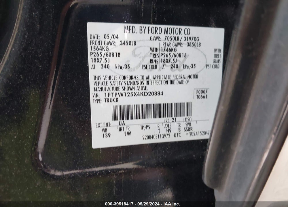 2004 FORD F-150 LARIAT/XLT VIN: 1FTPW125X4KD20884