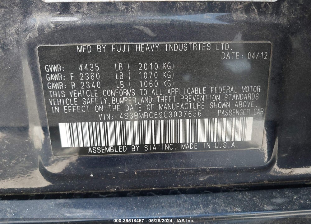 2012 SUBARU LEGACY VIN: 4S3BMBC69C3037656