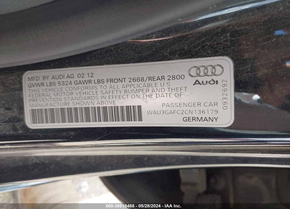 2012 AUDI A7 PREMIUM VIN: WAU3GAFC2CN136179