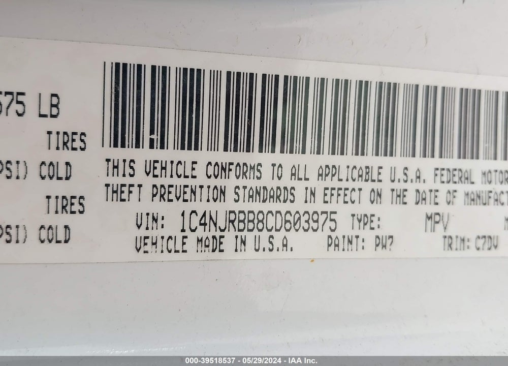 2012 JEEP PATRIOT SPORT VIN: 1C4NJRBB8CD603975