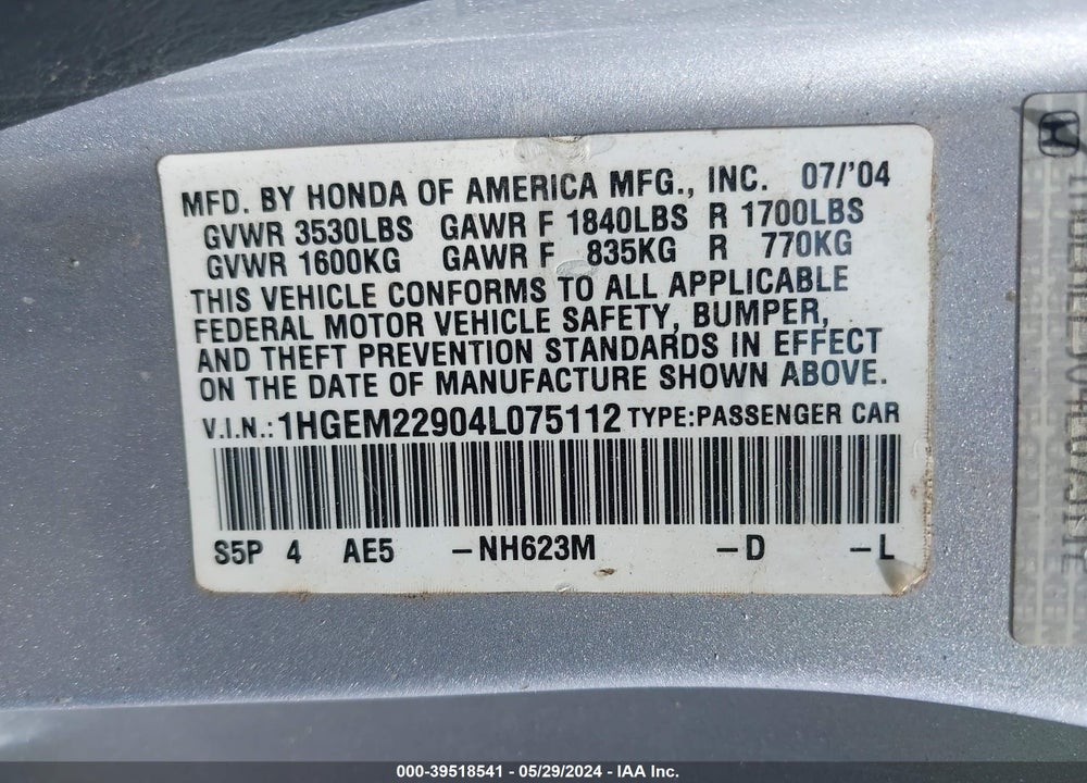 2004 HONDA CIVIC VIN: 1HGEM22904L075112