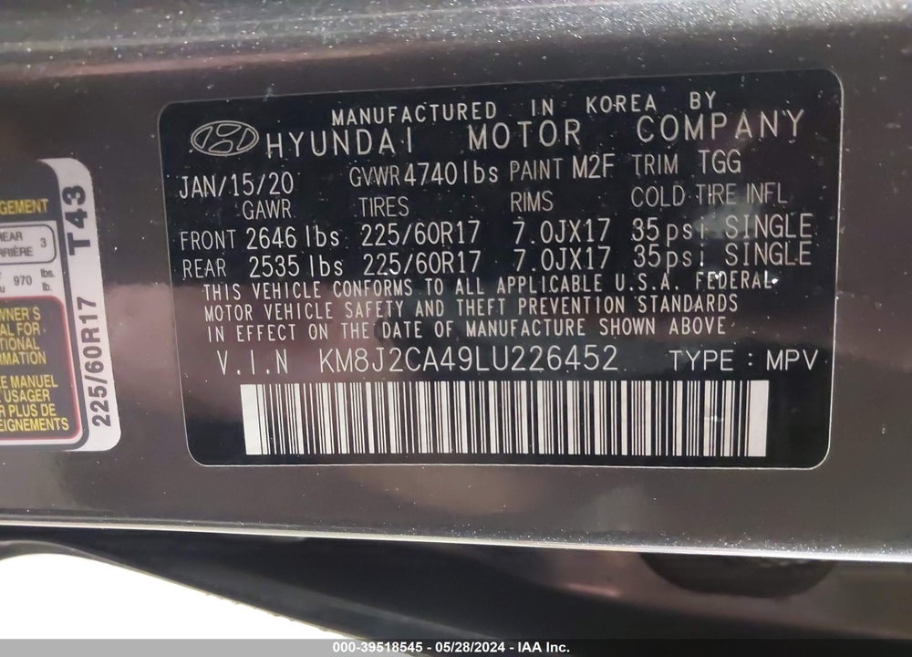2020 HYUNDAI TUCSON SE VIN: KM8J2CA49LU226452