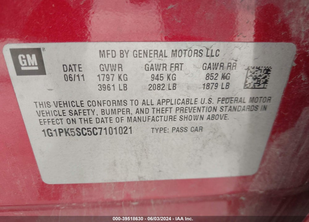 2012 CHEVROLET CRUZE ECO VIN: 1G1PK5SC5C7101021