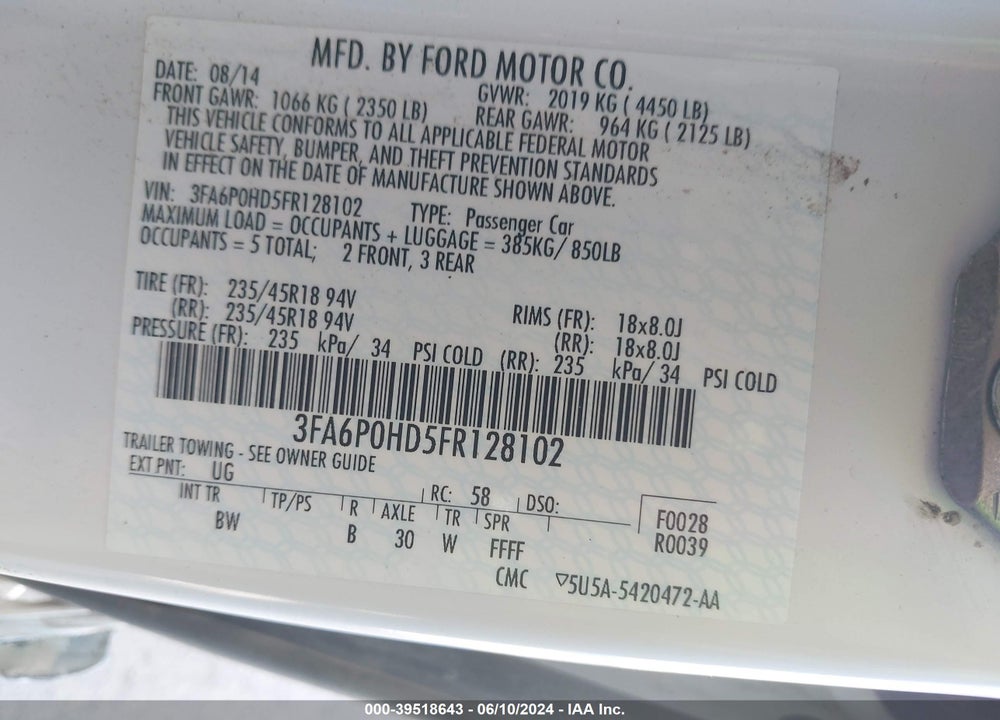 2015 FORD FUSION SE VIN: 3FA6P0HD5FR128102
