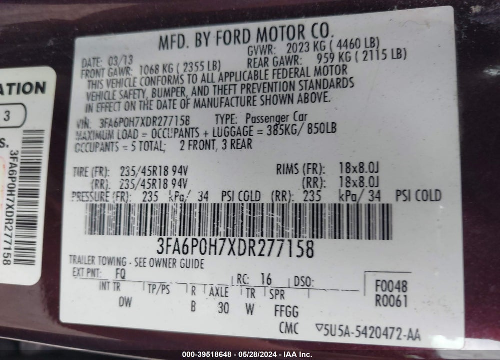 2013 FORD FUSION SE VIN: 3FA6P0H7XDR277158
