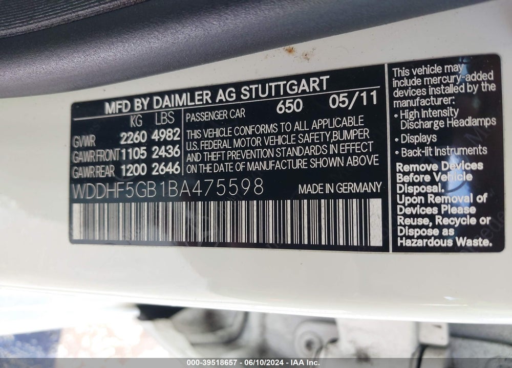 2011 MERCEDES-BENZ E 350 VIN: WDDHF5GB1BA475598