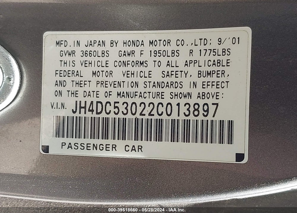 2002 ACURA RSX TYPE-S VIN: JH4DC53022C013897