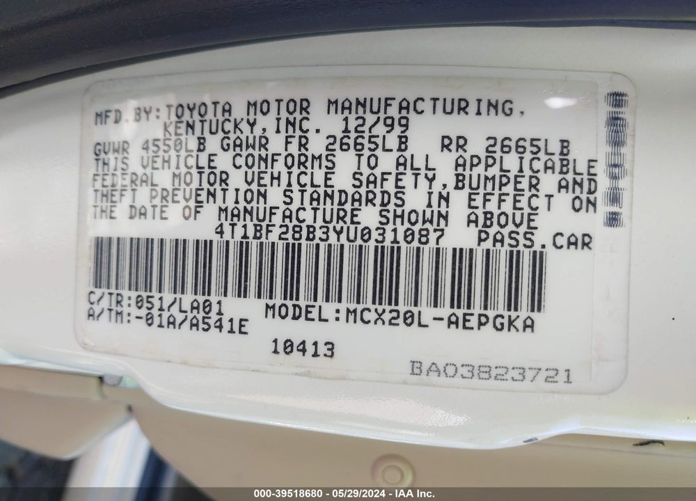 2000 TOYOTA AVALON XLS VIN: 4T1BF28B3YU031087