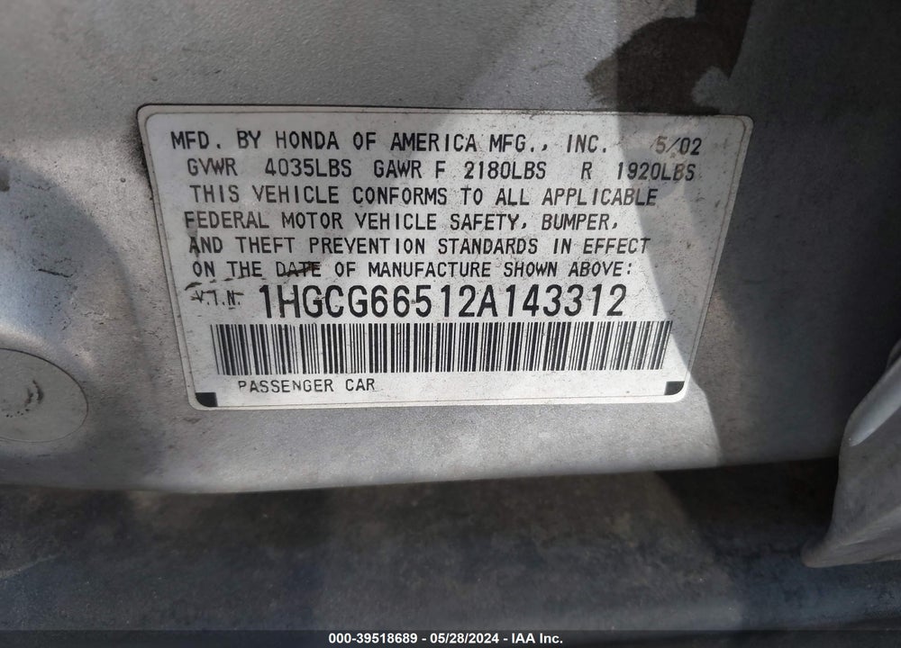 2002 HONDA ACCORD 2.3 LX VIN: 1HGCG66512A143312