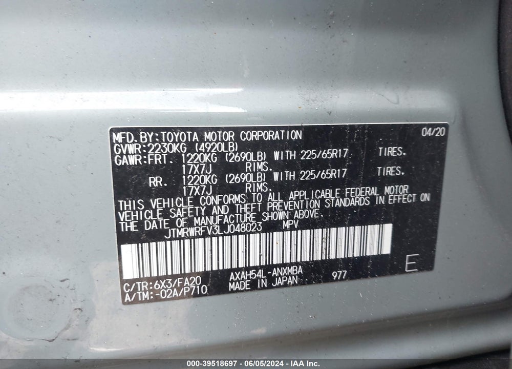 2020 TOYOTA RAV4 XLE HYBRID VIN: JTMRWRFV3LJ048023