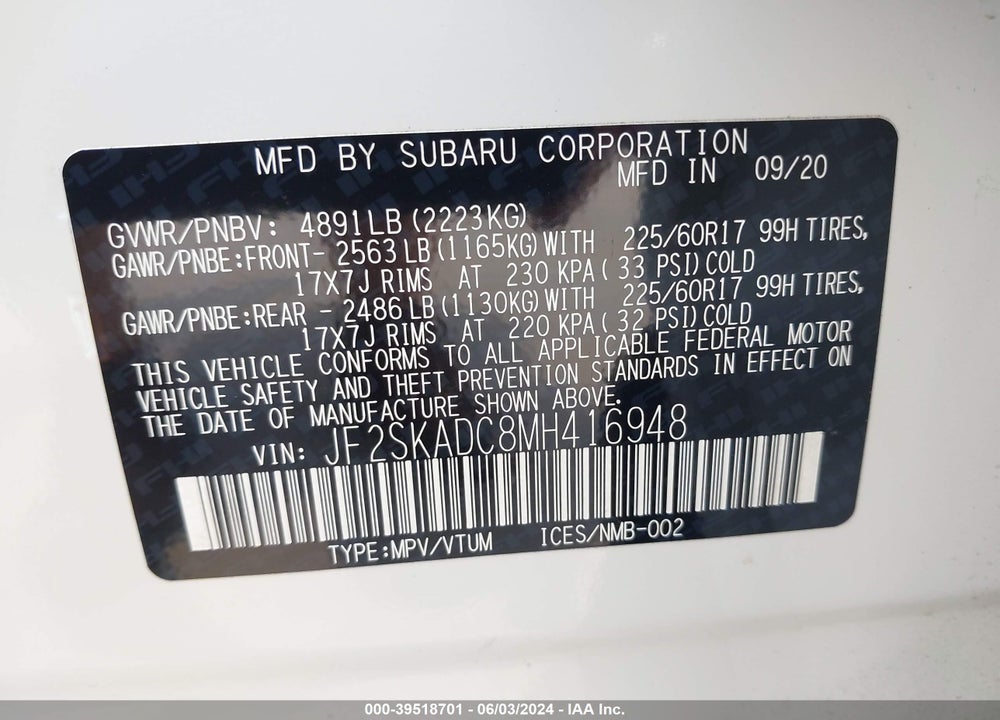 2021 SUBARU FORESTER VIN: JF2SKADC8MH416948