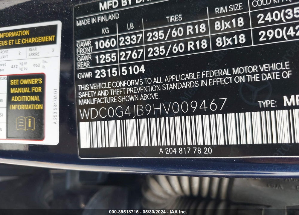 2017 MERCEDES-BENZ GLC 300 VIN: WDC0G4JB9HV009467