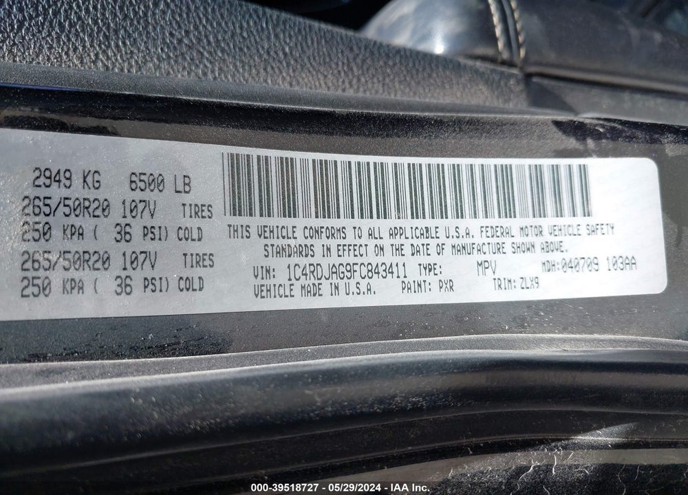 2015 DODGE DURANGO SXT VIN: 1C4RDJAG9FC843411