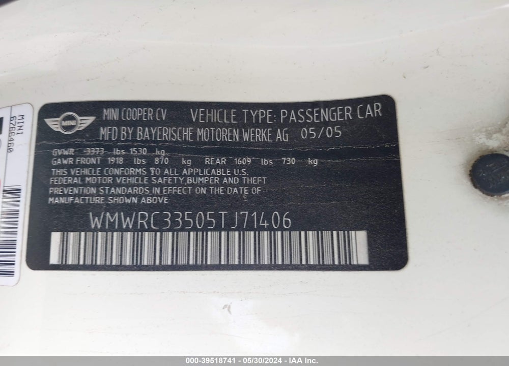 2005 MINI COOPER VIN: WMWRC33505TJ71406