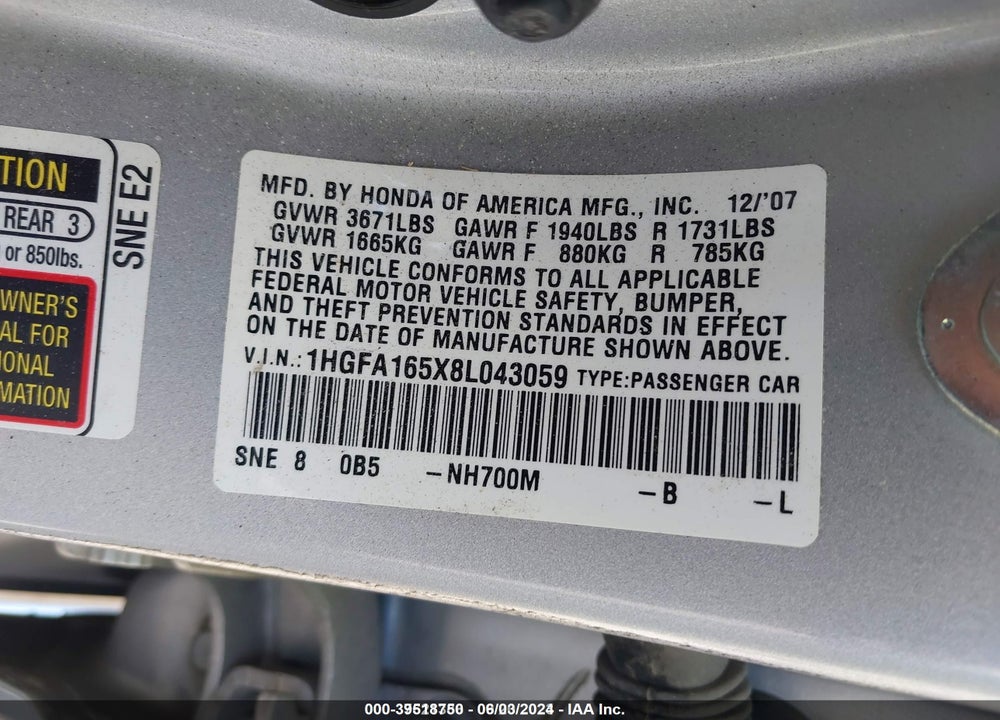 2008 HONDA CIVIC LX VIN: 1HGFA165X8L043059
