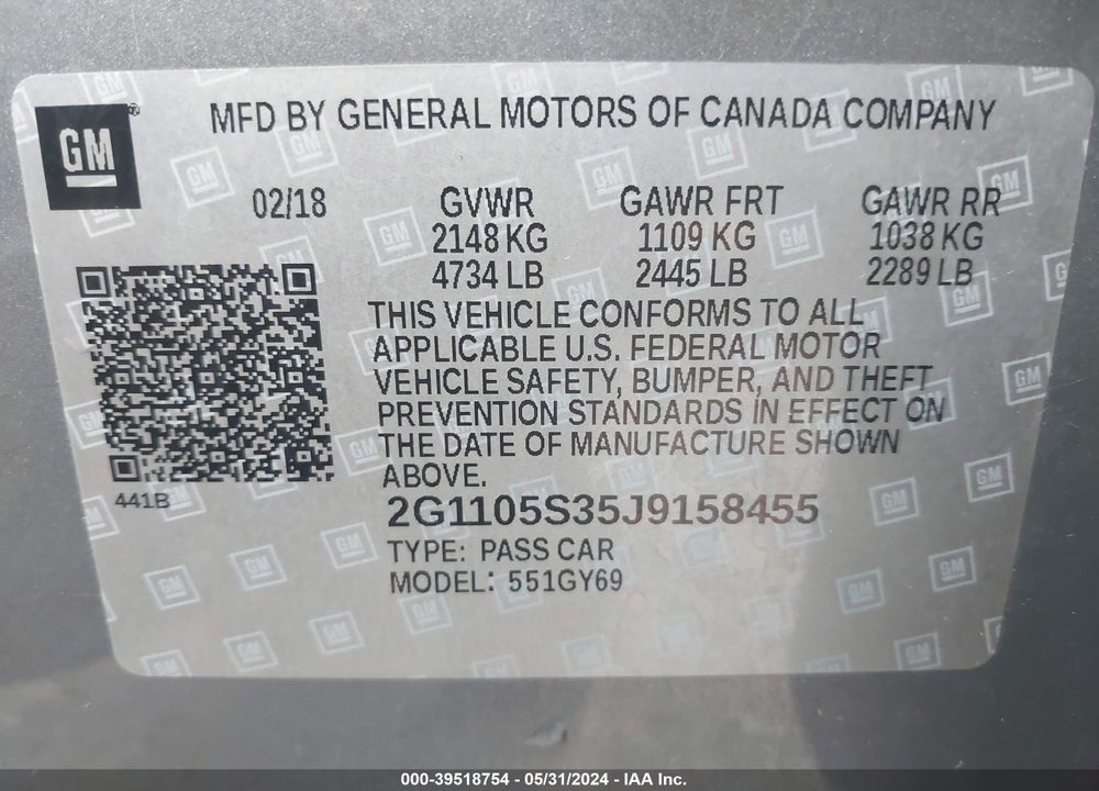 2018 CHEVROLET IMPALA 1LT VIN: 2G1105S35J9158455