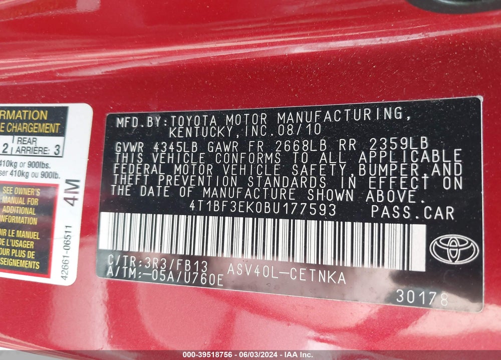 2011 TOYOTA CAMRY LE VIN: 4T1BF3EK0BU177593