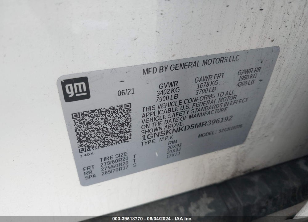 2021 CHEVROLET TAHOE 4WD LT VIN: 1GNSKNKD5MR396192