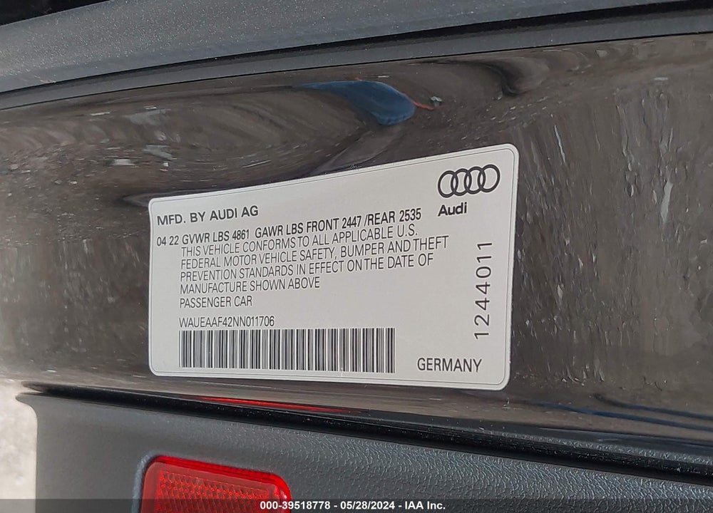 2022 AUDI A4 PREMIUM PLUS 45 TFSI S LINE QUATTRO S TRONIC VIN: WAUEAAF42NN011706