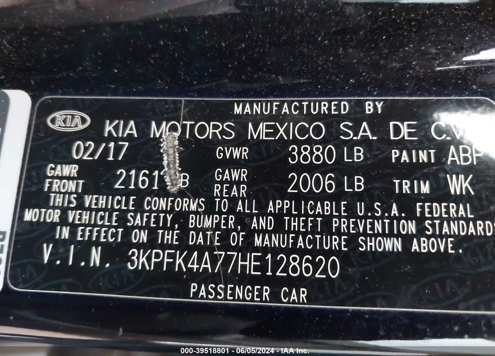 2017 KIA FORTE LX VIN: 3KPFK4A77HE128620
