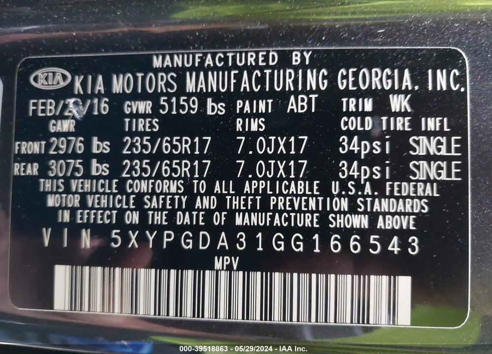 2016 KIA SORENTO 2.4L LX VIN: 5XYPGDA31GG166543