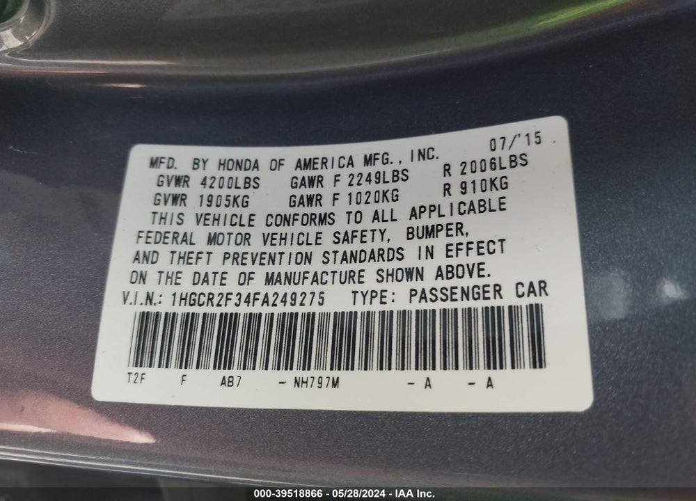 2015 HONDA ACCORD LX VIN: 1HGCR2F34FA249275