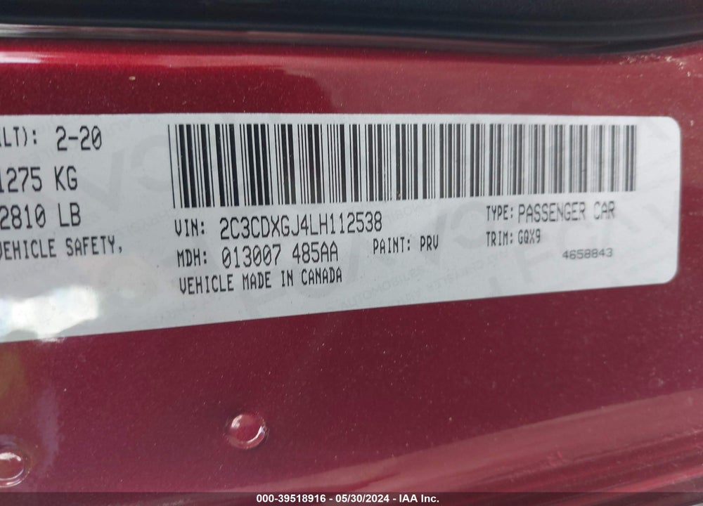 2020 DODGE CHARGER SCAT PACK WIDEBODY VIN: 2C3CDXGJ4LH112538