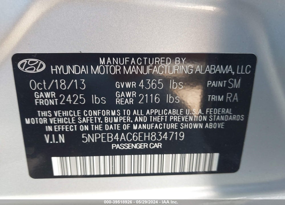 2014 HYUNDAI SONATA GLS VIN: 5NPEB4AC6EH834719