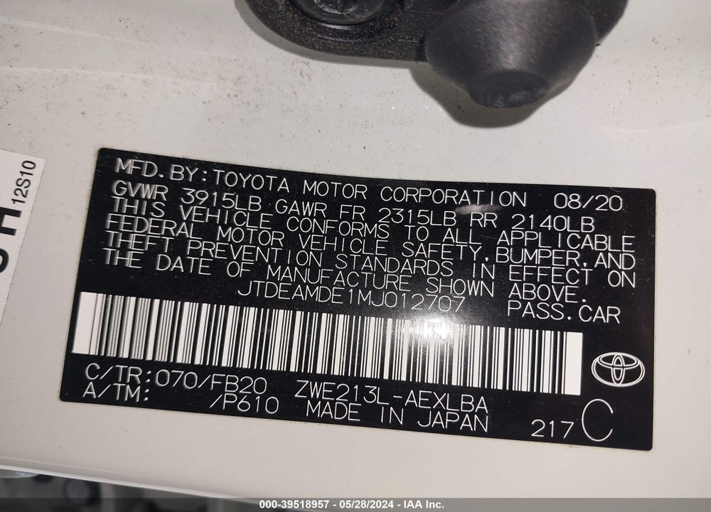 2021 TOYOTA COROLLA HYBRID LE VIN: JTDEAMDE1MJ012707