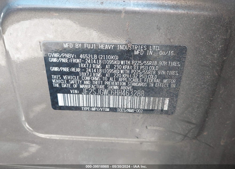 2017 SUBARU FORESTER 2.0XT TOURING VIN: JF2SJGWC6HH463288