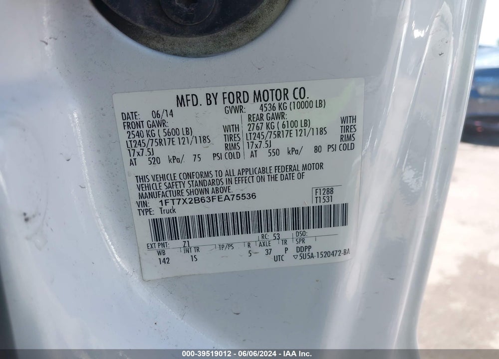 2015 FORD F-250 XL VIN: 1FT7X2B63FEA75536